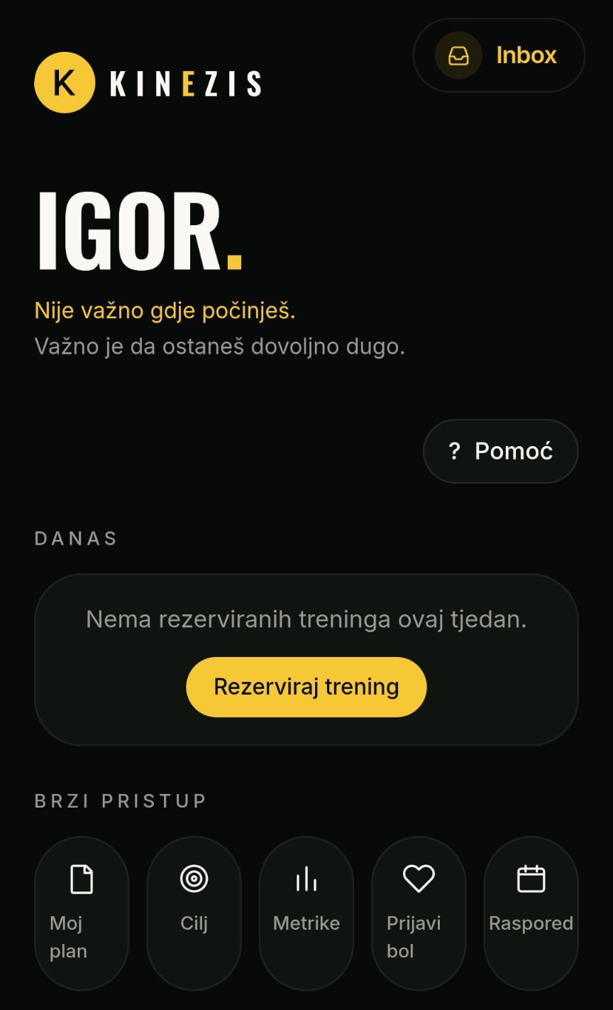 Stvarni početni ekran Kinezis aplikacije s rezervacijom treninga, planom i ciljem